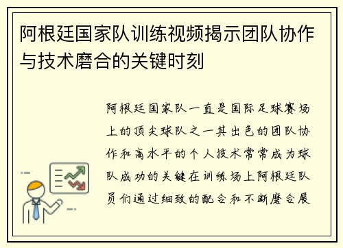 阿根廷国家队训练视频揭示团队协作与技术磨合的关键时刻