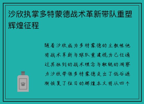 沙欣执掌多特蒙德战术革新带队重塑辉煌征程